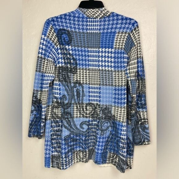 Talbots size 1X Merino Wool Blue White Black Paisley Houndstooth Open Cardigan - Picture 2 of 9